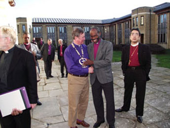 Bishop Mwita Akiri (Tanzania) sharing a light moment with Bishop Jonathan Meyrick (England) at the Cathedral Study Centre