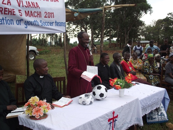 Bishop Mwita giving inaugural address during inauguration of church soccer teams